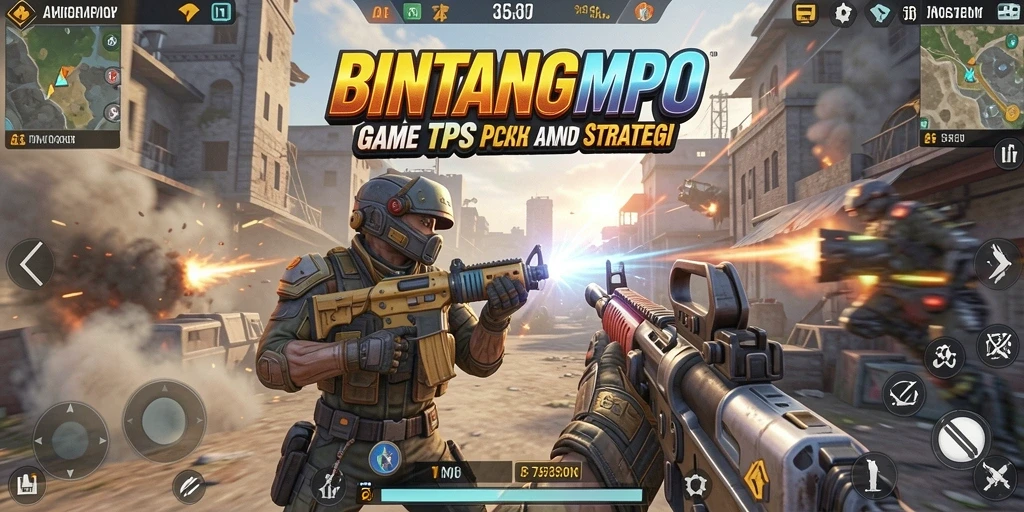 Screenshot utama BINTANGMPO menunjukkan aksi pertempuran intens di medan perang.