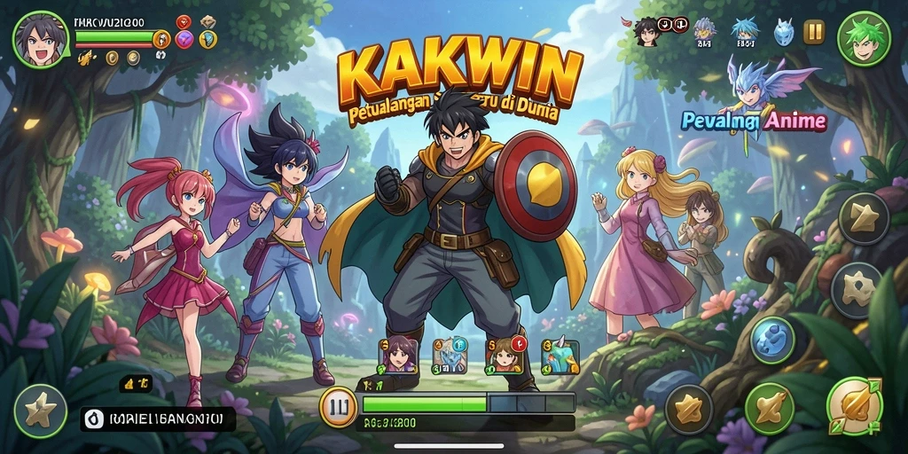 Tangkapan layar utama KAKWIN menampilkan aksi seru karakter Anime.